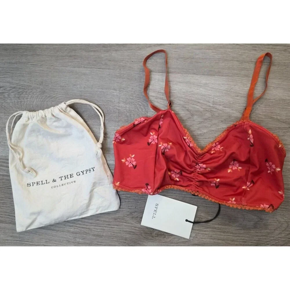 Spell & The Gypsy Collective NWT Joni Bra Red bralette Floral Bag Large - Picture 2 of 5
